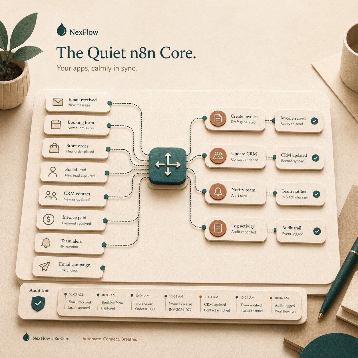 Papercraft top-down workflow board showing business triggers feeding an n8n integration hub, then creating invoices, updating CRM records, notifying the team and logging an audit trail.