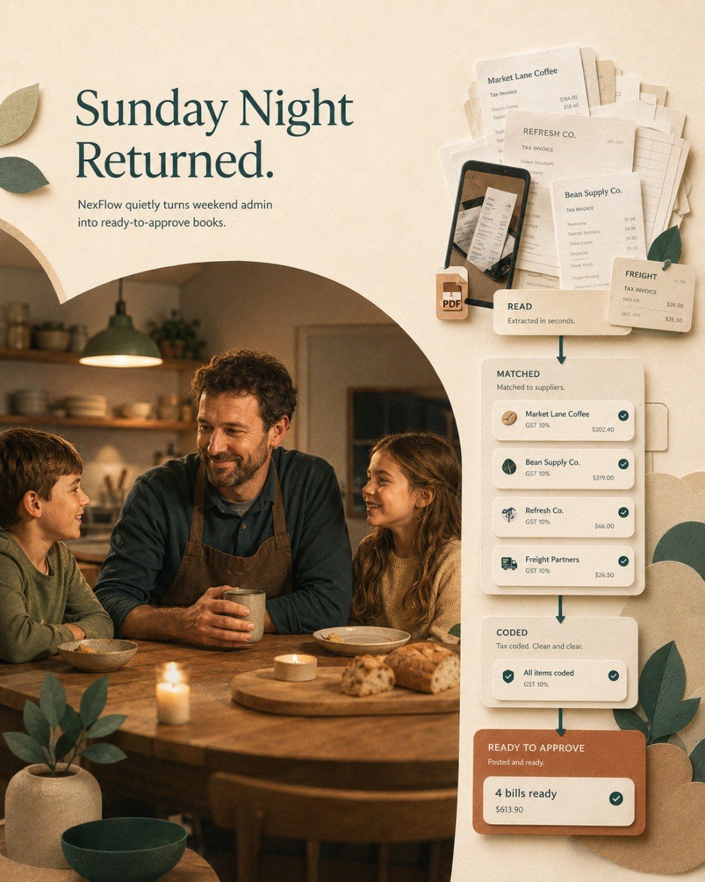Papercraft scene of a father having dinner with two children while an invoice workflow turns scanned bills into ready-to-approve bookkeeping.